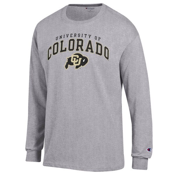 A light gray Champion long sleeve t-shirt with arched "University of Colorado" and CU Buffalo logo.